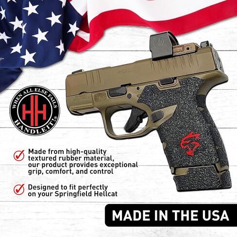 شريط قبضة مسدس Handleitgrips متوافق مع Springfield Hellcat - شريط قبضة مسدس مطاطي أسود مزخرف مع إدراج أحمر ومقبض مجلة 13، أجزاء وملحقات البندقية، مملوكة للمحاربين القدامى، صنع في الولايات المتحدة الأمريكية in Kuwait