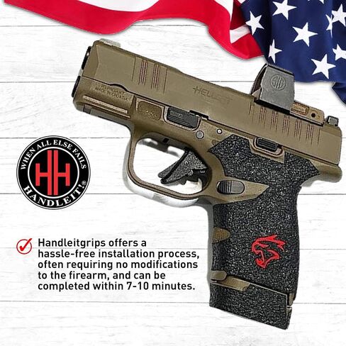 شريط قبضة مسدس Handleitgrips متوافق مع Springfield Hellcat - شريط قبضة مسدس مطاطي أسود مزخرف مع إدراج أحمر ومقبض مجلة 13، أجزاء وملحقات البندقية، مملوكة للمحاربين القدامى، صنع في الولايات المتحدة الأمريكية in Kuwait