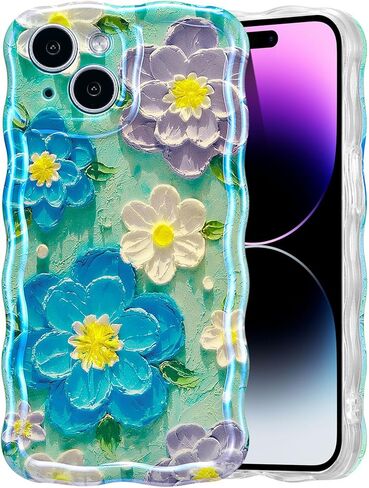 حافظة EYZUTAK لهاتف iPhone 17 Pro Max، لوحة زيتية ملونة مطبوعة على شكل زهرة ليزر لامعة نمط لطيف مجعد حافة مموجة غطاء هاتف رائع حافظة واقية متينة من مادة TPU للفتيات والنساء باللون الأخضر in Kuwait
