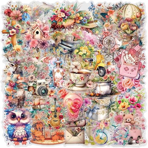 55Pcs Vintage Watercolor Floral Stickers,PET Transparent Flowers Sticker Waterproof Decorative Decals for Journaling, Decoupage, Planners, laptops, Phone Case, Gift & Card Making(Colourful-5) in Kuwait