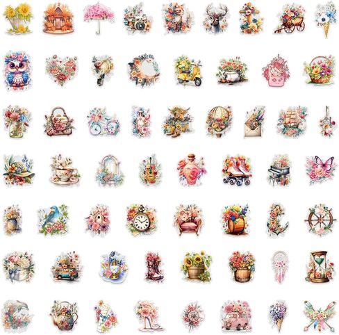 55Pcs Vintage Watercolor Floral Stickers,PET Transparent Flowers Sticker Waterproof Decorative Decals for Journaling, Decoupage, Planners, laptops, Phone Case, Gift & Card Making(Colourful-5) in Kuwait