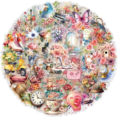 55Pcs Vintage Watercolor Floral Stickers,PET Transparent Flowers Sticker Waterproof Decorative Decals for Journaling, Decoupage, Planners, laptops, Phone Case, Gift & Card Making(Colourful-5) in Kuwait