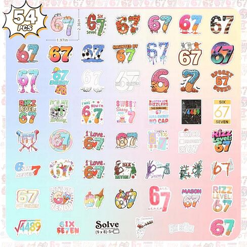 54Pcs 67 Stickers, 6 7 Birthday Decorations Meme Stickers, 67 Valentines Gift, Funny 6 7 Sticker Pack, Six Seven Birthday Decorations, Waterproof Vinyl Gifts for Water Bottle, Phone Case in Kuwait