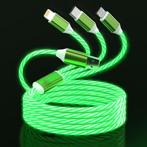 كابل شاحن iPhone 3 في 1 مضيء ومتدفق ومتعدد الألوان RGB، سلك متوهج للسيارة Lightning/Type C/Micro USB لهاتف Apple iPhone 15/14/13/12/11 Pro Max/XR/XS/SE، iPad/Android/Samsung (أخضر 4FT) in Kuwait
