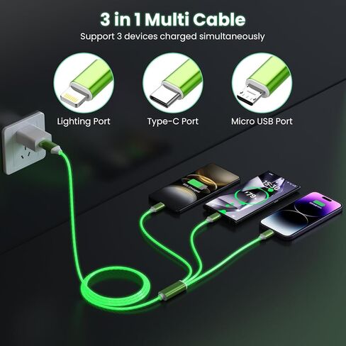 كابل شاحن iPhone 3 في 1 مضيء ومتدفق ومتعدد الألوان RGB، سلك متوهج للسيارة Lightning/Type C/Micro USB لهاتف Apple iPhone 15/14/13/12/11 Pro Max/XR/XS/SE، iPad/Android/Samsung (أخضر 4FT) in Kuwait
