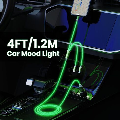 كابل شاحن iPhone 3 في 1 مضيء ومتدفق ومتعدد الألوان RGB، سلك متوهج للسيارة Lightning/Type C/Micro USB لهاتف Apple iPhone 15/14/13/12/11 Pro Max/XR/XS/SE، iPad/Android/Samsung (أخضر 4FT) in Kuwait