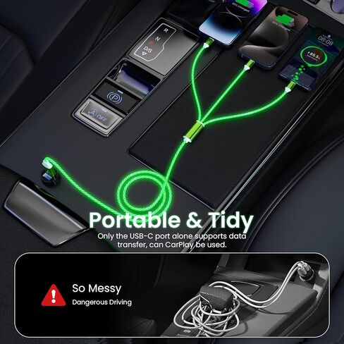 كابل شاحن iPhone 3 في 1 مضيء ومتدفق ومتعدد الألوان RGB، سلك متوهج للسيارة Lightning/Type C/Micro USB لهاتف Apple iPhone 15/14/13/12/11 Pro Max/XR/XS/SE، iPad/Android/Samsung (أخضر 4FT) in Kuwait