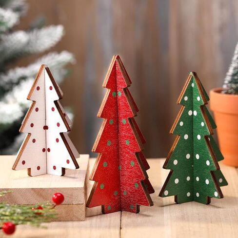 Yookeer Christmas Decor 3 Pieces Wood Table Rustic Christmas Tree Farmhouse Wooden Xmas Centerpiece for Small Table Xmas Trees Red Green Tiered Tray Party Decoration(Polka Dot Style) in Saudi Arabia