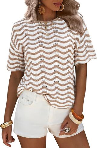 EXLURA Womens Summer Coverup Boho Tops Short Sleeve Crochet Knit Sweater Casual Striped Beach Vacation Cruise Outfits 2026 in Saudi Arabia