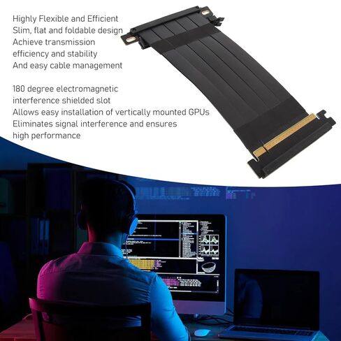PUSOKEI PCIE 4.0 x16 كابل تمديد موسع، كابل تمديد بطاقة رسومات GPU مزدوج الجوانب عكسي 180 درجة لمنافذ PCI E لـ RX 7900 7800 7700 7600 7500، إلخ (أسود) in Saudi Arabia