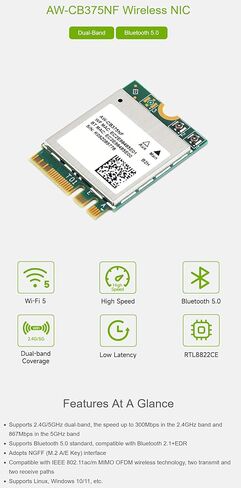 AW-CB375NF Dual-Band Wireless NIC 2.4G/5GHz Dual-Band WiFi 5 Bluetooth 5.0, RTL8822CE-CG Core @XYGStudy (Wireless-AW-CB375NF) in Saudi Arabia