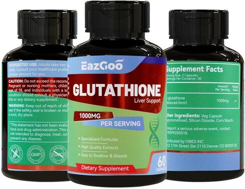 مكمل الجلوتاثيون 1000 مجم مكمل مضاد للأكسدة - تركيبة نباتية ممتازة لدعم المناعة وتفتيح البشرة وإزالة سموم الكبد - خالي من مسببات الحساسية، وغير معدل وراثيًا، وتعزيز صحي فعال (60 كبسولة) in Kuwait