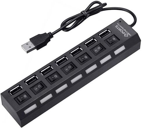 موزع USB 2.0 ذو 7 منافذ، مقسم متعدد المنافذ مع مفاتيح تشغيل/إيقاف مستقلة ومؤشرات LED، نقل بيانات بسرعة 480 ميجابت في الثانية لمحرك أقراص فلاش HDD المحمول للكمبيوتر المحمول in Kuwait