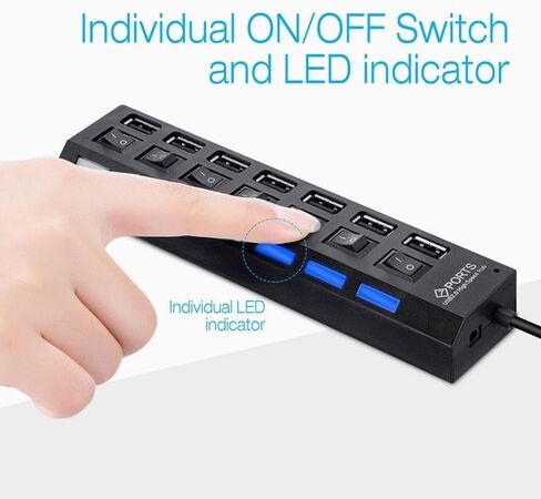موزع USB 2.0 ذو 7 منافذ، مقسم متعدد المنافذ مع مفاتيح تشغيل/إيقاف مستقلة ومؤشرات LED، نقل بيانات بسرعة 480 ميجابت في الثانية لمحرك أقراص فلاش HDD المحمول للكمبيوتر المحمول in Kuwait