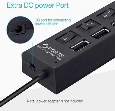 موزع USB 2.0 ذو 7 منافذ، مقسم متعدد المنافذ مع مفاتيح تشغيل/إيقاف مستقلة ومؤشرات LED، نقل بيانات بسرعة 480 ميجابت في الثانية لمحرك أقراص فلاش HDD المحمول للكمبيوتر المحمول in Kuwait