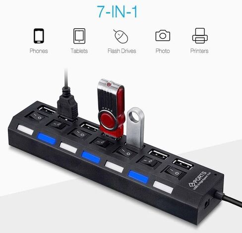 موزع USB 2.0 ذو 7 منافذ، مقسم متعدد المنافذ مع مفاتيح تشغيل/إيقاف مستقلة ومؤشرات LED، نقل بيانات بسرعة 480 ميجابت في الثانية لمحرك أقراص فلاش HDD المحمول للكمبيوتر المحمول in Kuwait