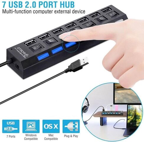 موزع USB 2.0 ذو 7 منافذ، مقسم متعدد المنافذ مع مفاتيح تشغيل/إيقاف مستقلة ومؤشرات LED، نقل بيانات بسرعة 480 ميجابت في الثانية لمحرك أقراص فلاش HDD المحمول للكمبيوتر المحمول in Kuwait