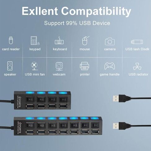 موزع USB 2.0 ذو 7 منافذ، مقسم متعدد المنافذ مع مفاتيح تشغيل/إيقاف مستقلة ومؤشرات LED، نقل بيانات بسرعة 480 ميجابت في الثانية لمحرك أقراص فلاش HDD المحمول للكمبيوتر المحمول in Kuwait
