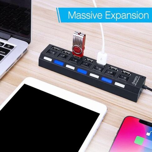 موزع USB 2.0 ذو 7 منافذ، مقسم متعدد المنافذ مع مفاتيح تشغيل/إيقاف مستقلة ومؤشرات LED، نقل بيانات بسرعة 480 ميجابت في الثانية لمحرك أقراص فلاش HDD المحمول للكمبيوتر المحمول in Kuwait