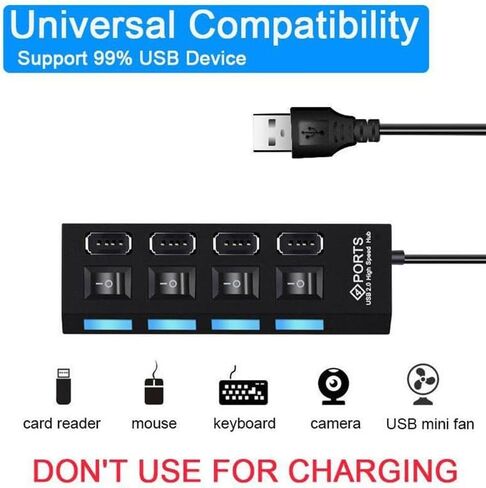 موزع USB 2.0 ذو 7 منافذ، مقسم متعدد المنافذ مع مفاتيح تشغيل/إيقاف مستقلة ومؤشرات LED، نقل بيانات بسرعة 480 ميجابت في الثانية لمحرك أقراص فلاش HDD المحمول للكمبيوتر المحمول in Kuwait