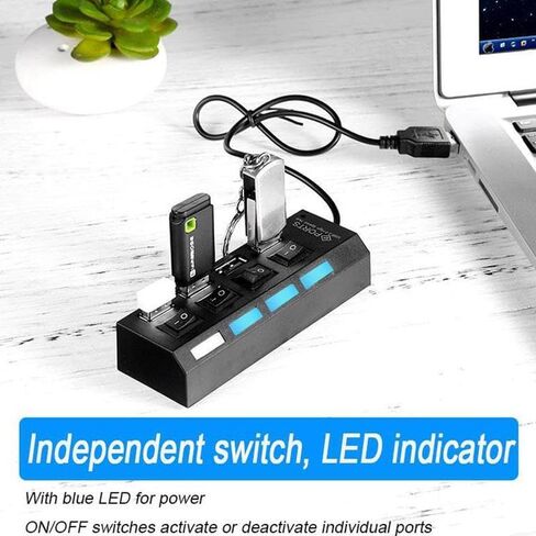 موزع USB 2.0 ذو 7 منافذ، مقسم متعدد المنافذ مع مفاتيح تشغيل/إيقاف مستقلة ومؤشرات LED، نقل بيانات بسرعة 480 ميجابت في الثانية لمحرك أقراص فلاش HDD المحمول للكمبيوتر المحمول in Kuwait