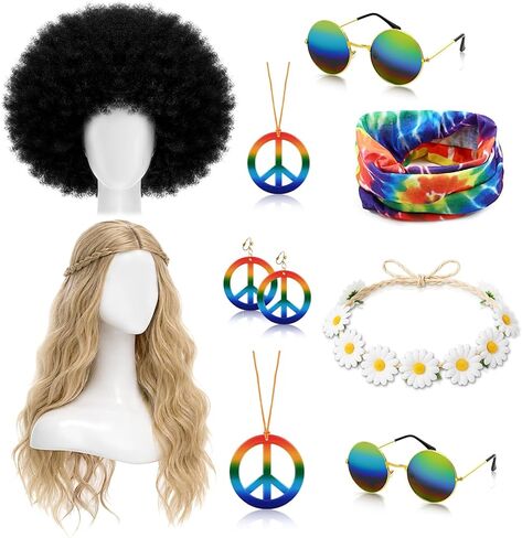 Norme 9 Pcs Hippie Costume Accessories Set, Tie Dye Rainbow Bandana Peace Sign Earrings Necklace Sunglasses Daisy Headband Wigs Hippie Accessory for 60s 70s Cosplay Party Favors Decorations in Kuwait
