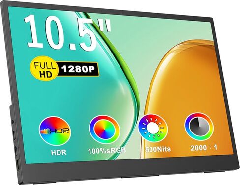 شاشة IBW صغيرة محمولة مقاس 10.5 بوصات 500 شمعة في المتر المربع 2000:1 FHD 1280P IPS، شاشة صغيرة نحيفة للغاية مع مسند ومكبر صوت مزدوج، شاشة ألعاب محمولة USB C HDMI HDR، شاشات سفر لأجهزة الكمبيوتر المحمول in Kuwait