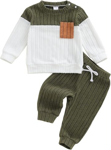 Toddler Boys Clothes Set Color Block Long Sleeve Pullover Sweatshirt Tops Pants 2Pcs Infant Boy Fall Winter Outfits in Saudi Arabia