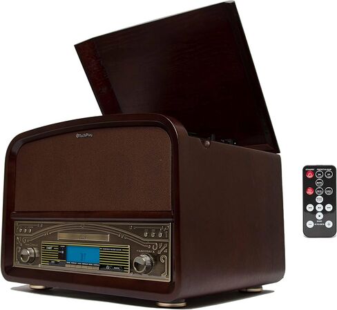 TechPlay TCP9560، قرص دوار خشبي قديم بقوة 20 وات و3 سرعات يعمل بالبلوتوث، مع مشغل أقراص مضغوطة وراديو AM/FM وتسجيل USB وتشغيل مع جهاز تحكم عن بعد. (الجوز) in Kuwait