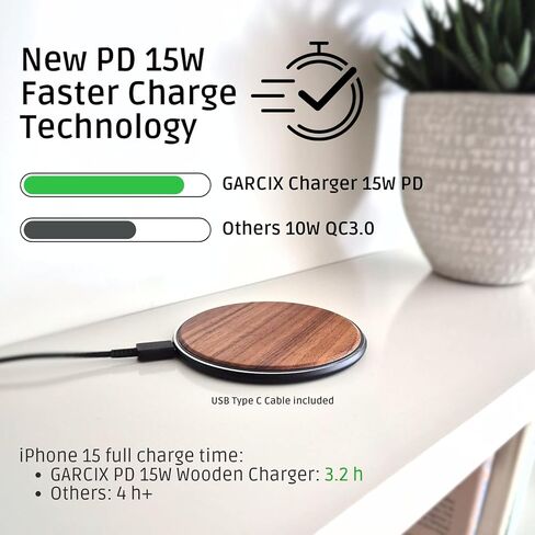 15W Wooden Wireless Charger | Stylish Design Qi Wireless Charger Station | USB Type C Cable | Compatible for iPhone 15 14 13 Pro MAX X Plus, Samsung Galaxy Ultra, Airpods in Saudi Arabia
