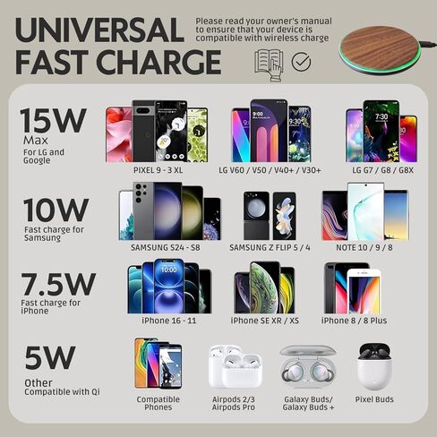 15W Wooden Wireless Charger | Stylish Design Qi Wireless Charger Station | USB Type C Cable | Compatible for iPhone 15 14 13 Pro MAX X Plus, Samsung Galaxy Ultra, Airpods in Saudi Arabia