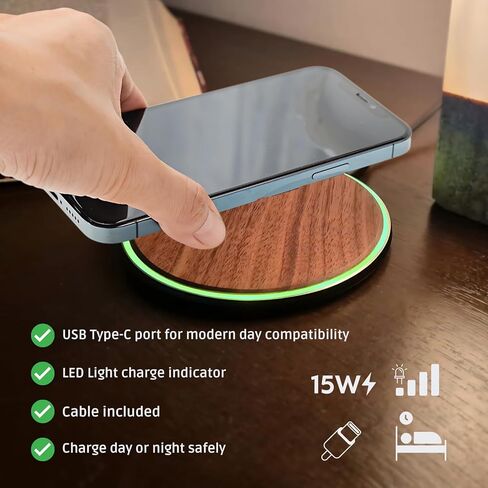 15W Wooden Wireless Charger | Stylish Design Qi Wireless Charger Station | USB Type C Cable | Compatible for iPhone 15 14 13 Pro MAX X Plus, Samsung Galaxy Ultra, Airpods in Saudi Arabia