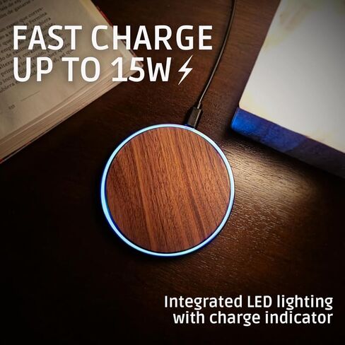 15W Wooden Wireless Charger | Stylish Design Qi Wireless Charger Station | USB Type C Cable | Compatible for iPhone 15 14 13 Pro MAX X Plus, Samsung Galaxy Ultra, Airpods in Saudi Arabia