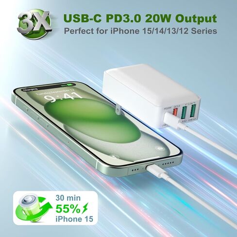 Flat USB C Charger Block, OKRAY 40W 4-Port Fast Charging Brick Foldable Wall Plug,PD3.0&QC3.0 Multiport Slim Travel Adapter Type C Phone Charger for iPhone 17 Air 16e 16 15 14 13 Pro,iPad Mini, iwatch in Saudi Arabia