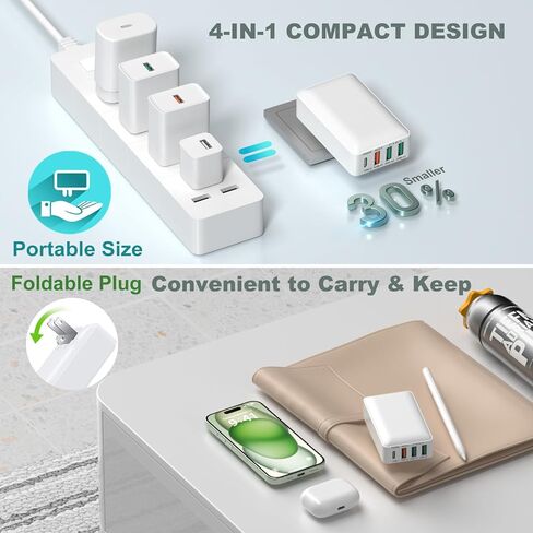 Flat USB C Charger Block, OKRAY 40W 4-Port Fast Charging Brick Foldable Wall Plug,PD3.0&QC3.0 Multiport Slim Travel Adapter Type C Phone Charger for iPhone 17 Air 16e 16 15 14 13 Pro,iPad Mini, iwatch in Saudi Arabia