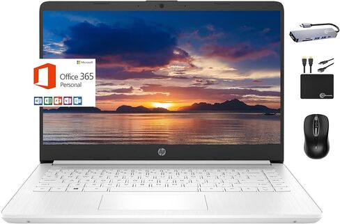 HP 2024 Premium 14 بوصة Micro-Edge كمبيوتر محمول محمول للأعمال الطلابية، Intel Quad-Core N4120، ذاكرة الوصول العشوائي 4 جيجابايت، 128 جيجابايت (64 جيجابايت eMMC + بطاقة 64 جيجابايت)، كاميرا ويب، WiFi، Windows 11S + 1 سنة Office 365، MarxsolAccessory أبيض in Kuwait