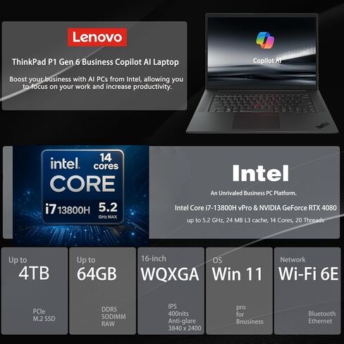 كمبيوتر محمول Lenovo ThinkPad P1 Workstation، شاشة لمس 16 بوصة 4K OLED، Intel Core i7-13800H (14 نواة، حتى 5.2 جيجاهرتز)، NVIDIA RTX 4080، ذاكرة الوصول العشوائي DDR5 سعة 64 جيجابايت، 1 تيرابايت SSD، بصمة الإصبع، إضاءة خلفية، كاميرا ويب IR 5 ميجابكسل، Win  in Saudi Arabia