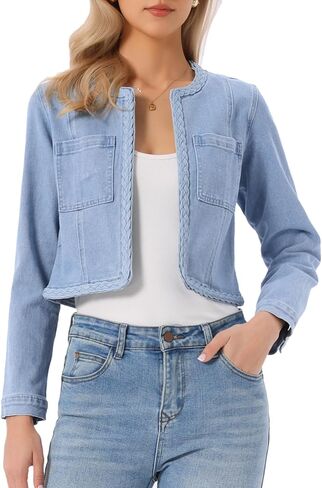 Allegra K Denim Jacket for Women Collarless Long Sleeve Open Front Cropped Jean Jackets in Saudi Arabia