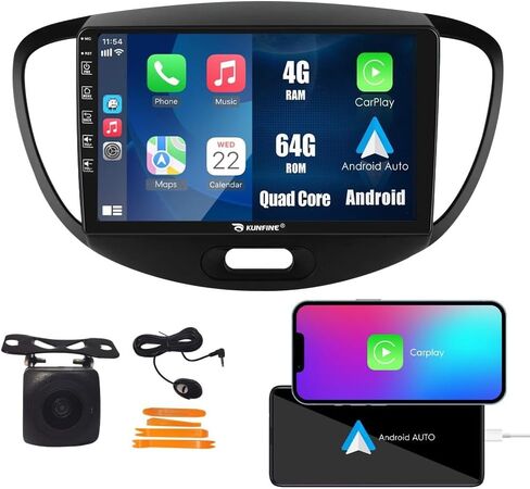 Kunfine Car CarPlay Android Auto Navigation Stereo GPS Radio Reverse Camera Display 9 "IPS Touchscreen Headunit Tablet Pad Media Player for Hyundai I10 2008-2012، إذا كان ذلك ممكنًا، رباعي النواة 2G+64G in Kuwait