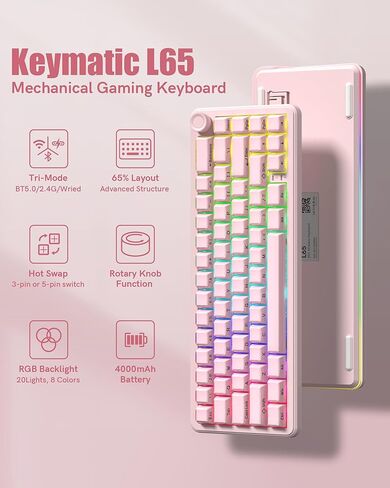 لوحة مفاتيح ميكانيكية لاسلكية بتصميم 65% من Keymatic، لوحة مفاتيح ألعاب كريستالية لطيفة مع مقبض، ومفاتيح مسبقة التشحيم قابلة للتبديل السريع، RGB مثبتة على الحشية لنظام Win/Mac، وردي in Kuwait