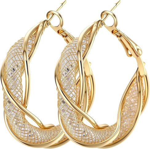 Luxury Silver/Gold Plated Brass Hoop Earrings for Women, 3D Metal Mesh with Sparkling Diamonds, Lightweight Twisted Circle Design (33mm), Stylish Daily Jewelry, Gift Box Included in Saudi Arabia