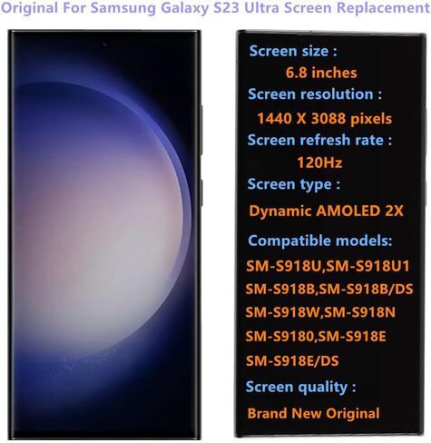 شاشة بديلة أصلية AMOLED Galaxy S23 Ultra مقاس 6.8 بوصة لهاتف Samsung Galaxy S23ultra 5G S918U S918U1 مجموعة محول رقمي لشاشة تعمل باللمس (مع إطار أسود + فيلم واقي + أدوات) in Kuwait