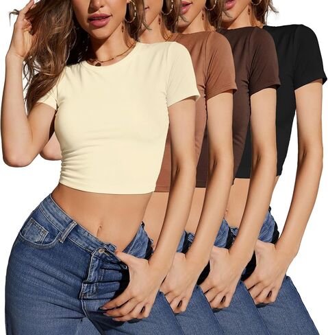 Women's Multi-Pack Short Sleeve Round Neck T-Shirt - Basic Slim Fit Knit Crop Tops in Saudi Arabia