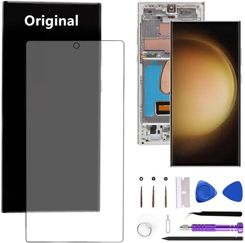 شاشة بديلة أصلية AMOLED Galaxy S23 Ultra مقاس 6.8 بوصة لهاتف Samsung Galaxy S23ultra 5G S918U S918U1 مجموعة محول رقمي لشاشة تعمل باللمس (مع إطار أسود + فيلم واقي + أدوات) in Kuwait