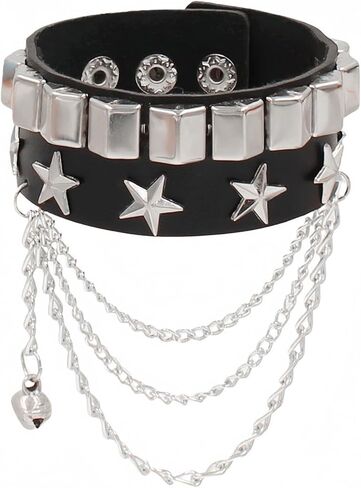 Punk Studded Leather Bracelet, Adjustable Star Rock Cuff Wristband for Men Women Biker Outfits 80s Goth Emo in Kuwait