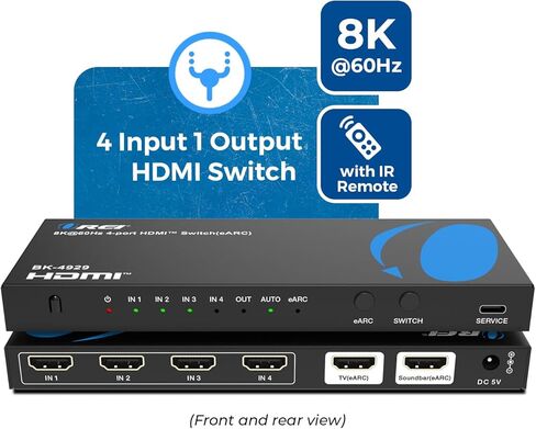 OREI 4-Port eARC 8K Audio Extractor 4x1 Switch لشاشات التلفزيون، واستخراج Dolby Atmos لتحويل شريط الصوت 4K @ 120hz 18G ARC HDCP 2.3 مثالي لشاشات 8K، CEC، جهاز التحكم عن بعد يعمل لـ Sonos Bose in Kuwait