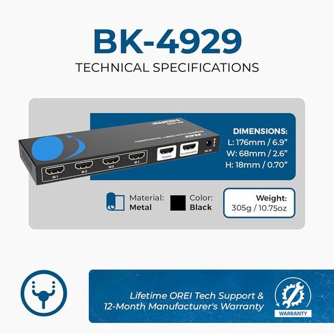 OREI 4-Port eARC 8K Audio Extractor 4x1 Switch لشاشات التلفزيون، واستخراج Dolby Atmos لتحويل شريط الصوت 4K @ 120hz 18G ARC HDCP 2.3 مثالي لشاشات 8K، CEC، جهاز التحكم عن بعد يعمل لـ Sonos Bose in Kuwait