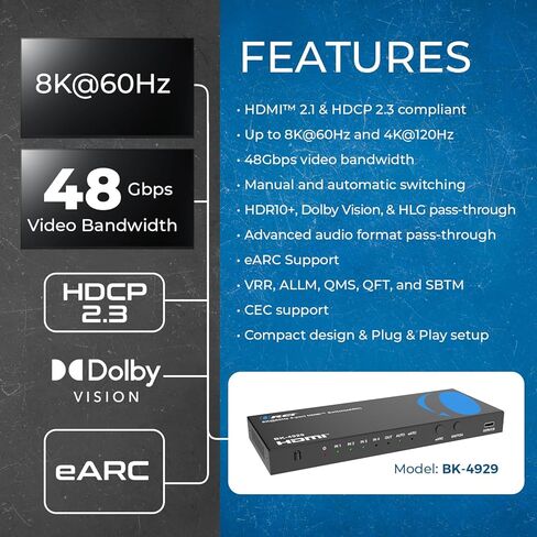 OREI 4-Port eARC 8K Audio Extractor 4x1 Switch لشاشات التلفزيون، واستخراج Dolby Atmos لتحويل شريط الصوت 4K @ 120hz 18G ARC HDCP 2.3 مثالي لشاشات 8K، CEC، جهاز التحكم عن بعد يعمل لـ Sonos Bose in Kuwait