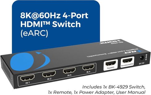 OREI 4-Port eARC 8K Audio Extractor 4x1 Switch لشاشات التلفزيون، واستخراج Dolby Atmos لتحويل شريط الصوت 4K @ 120hz 18G ARC HDCP 2.3 مثالي لشاشات 8K، CEC، جهاز التحكم عن بعد يعمل لـ Sonos Bose in Kuwait