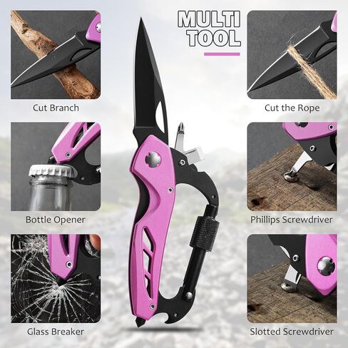 Pink Multitool Carabiner Knife for Women Men,Survival Gear for Camping Hiking，EDC Carabiners, 6-in-1 Multi Tools with Window Breaker, Bottle Opener and Screwdriver,Gifts for Women/Men (Pink) in Saudi Arabia